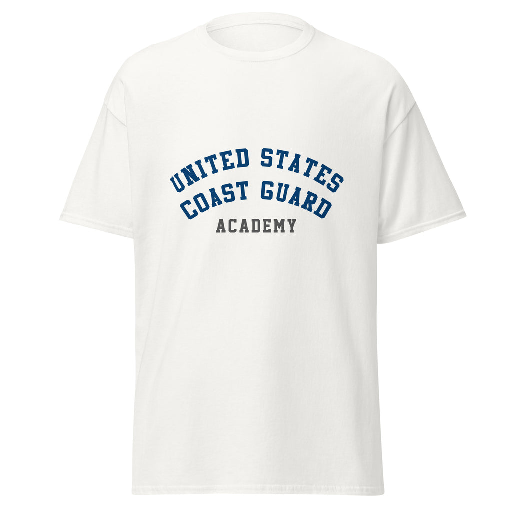 Unisex black t-shirt featuring US Coast Guard Academy logo printed across the front chest