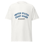 Unisex black t-shirt featuring US Coast Guard Academy logo printed across the front chest
