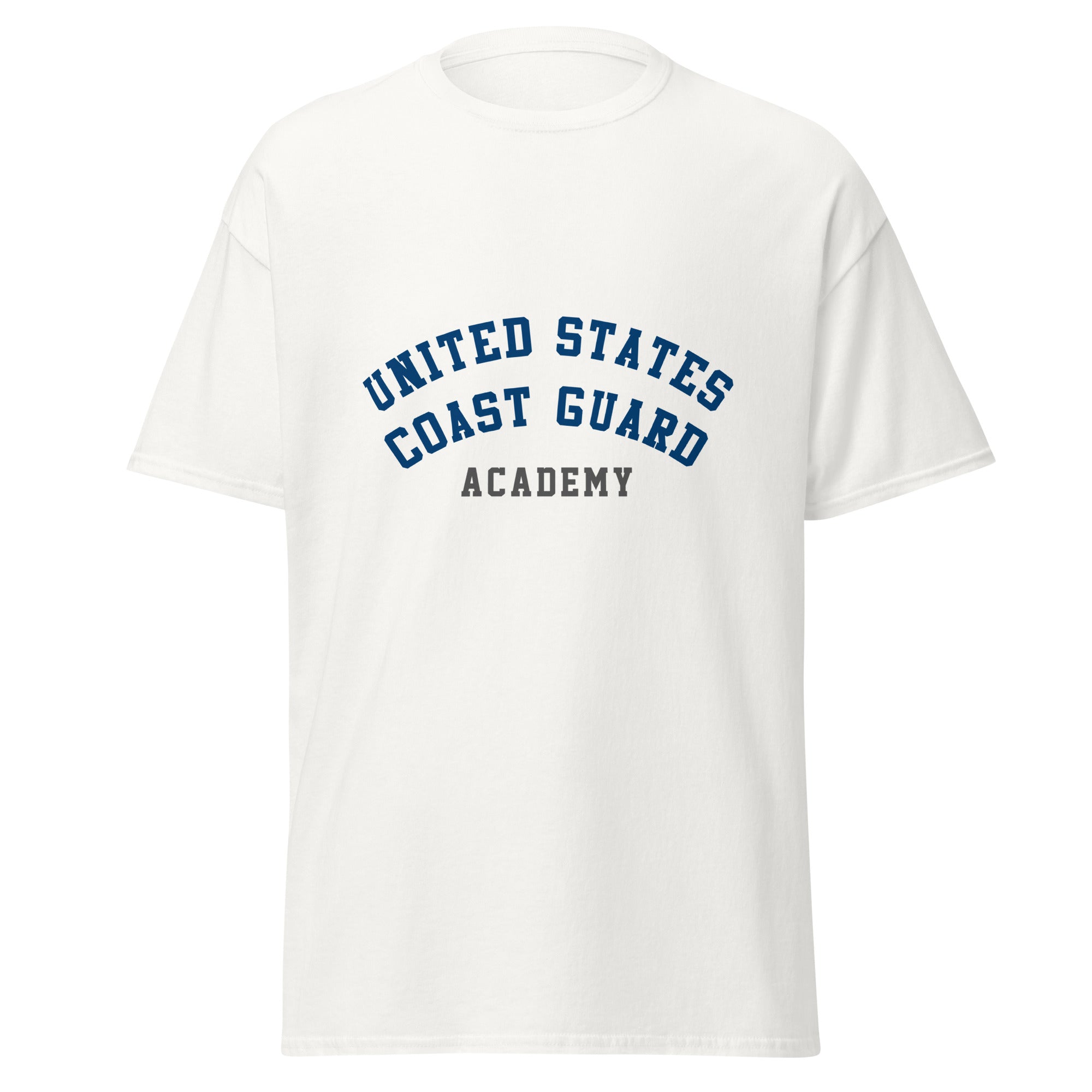 Unisex black t-shirt featuring US Coast Guard Academy logo printed across the front chest