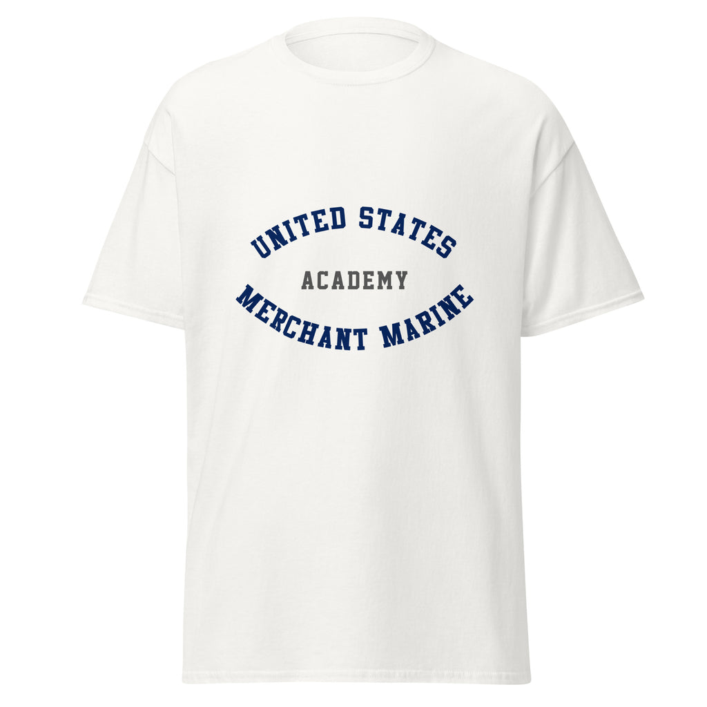Unisex black t-shirt featuring US Merchant Marine Academy logo printed across the front chest