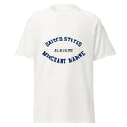 Unisex black t-shirt featuring US Merchant Marine Academy logo printed across the front chest