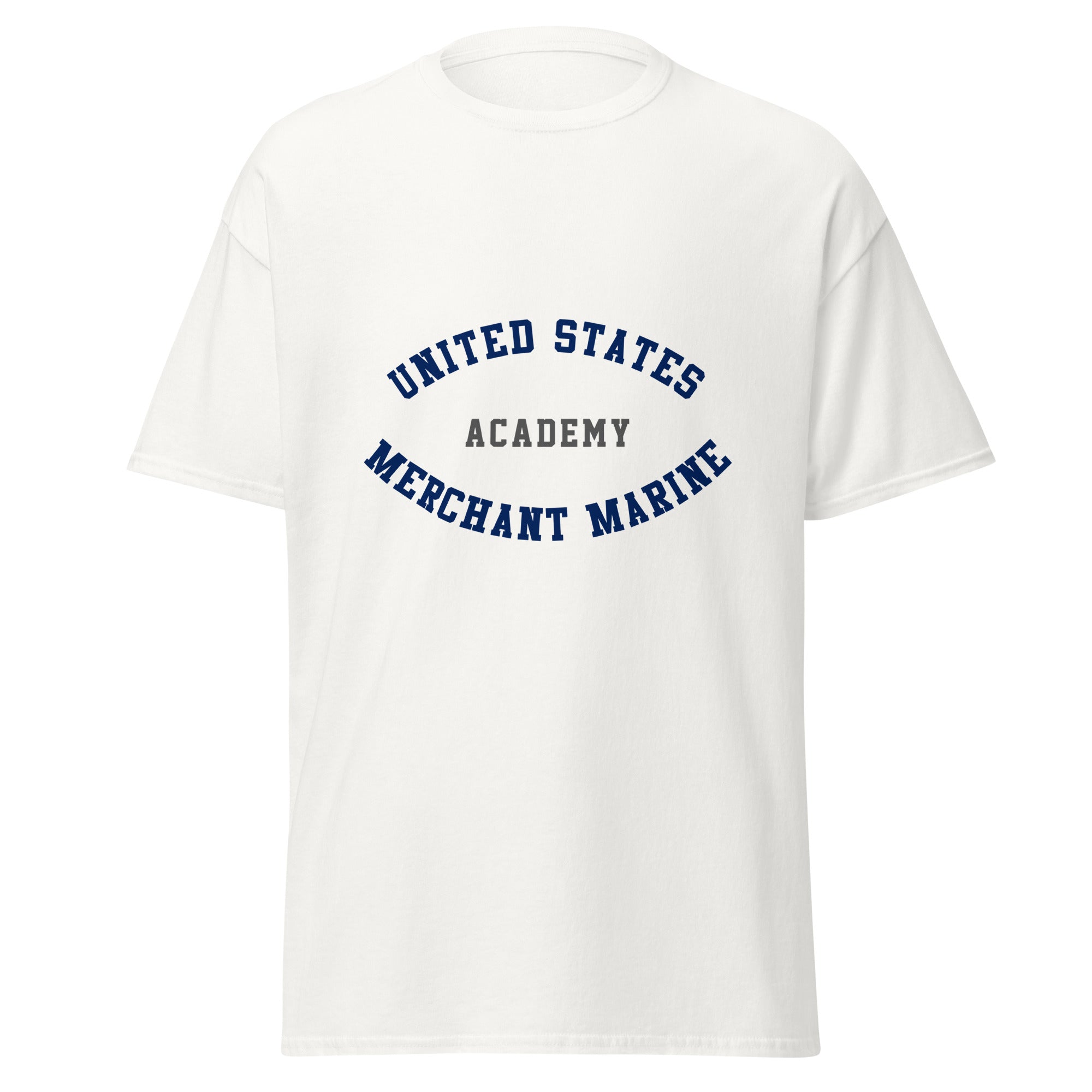 Unisex black t-shirt featuring US Merchant Marine Academy logo printed across the front chest