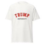 Unisex black t-shirt featuring Trump University logo printed across the front chest