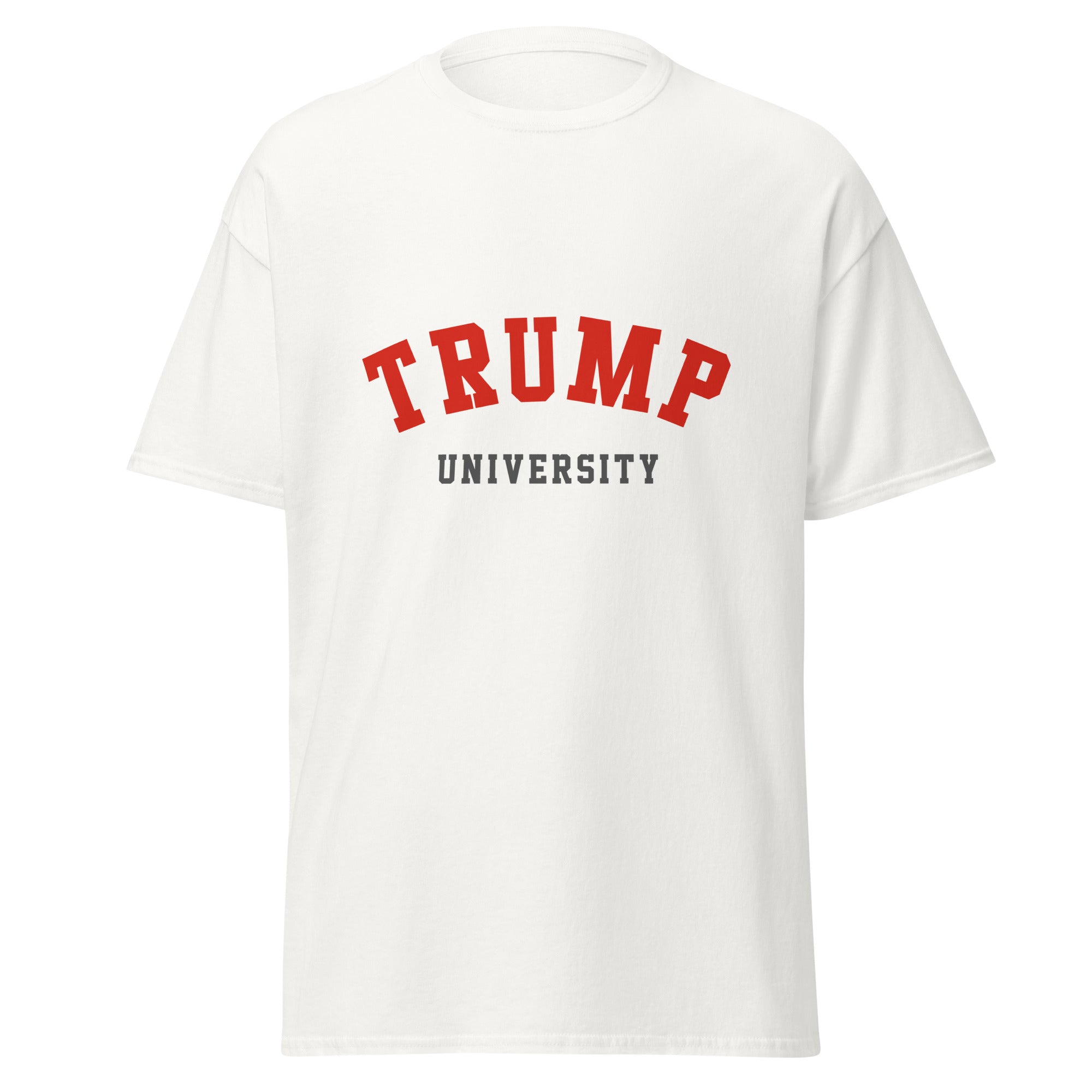 Unisex black t-shirt featuring Trump University logo printed across the front chest