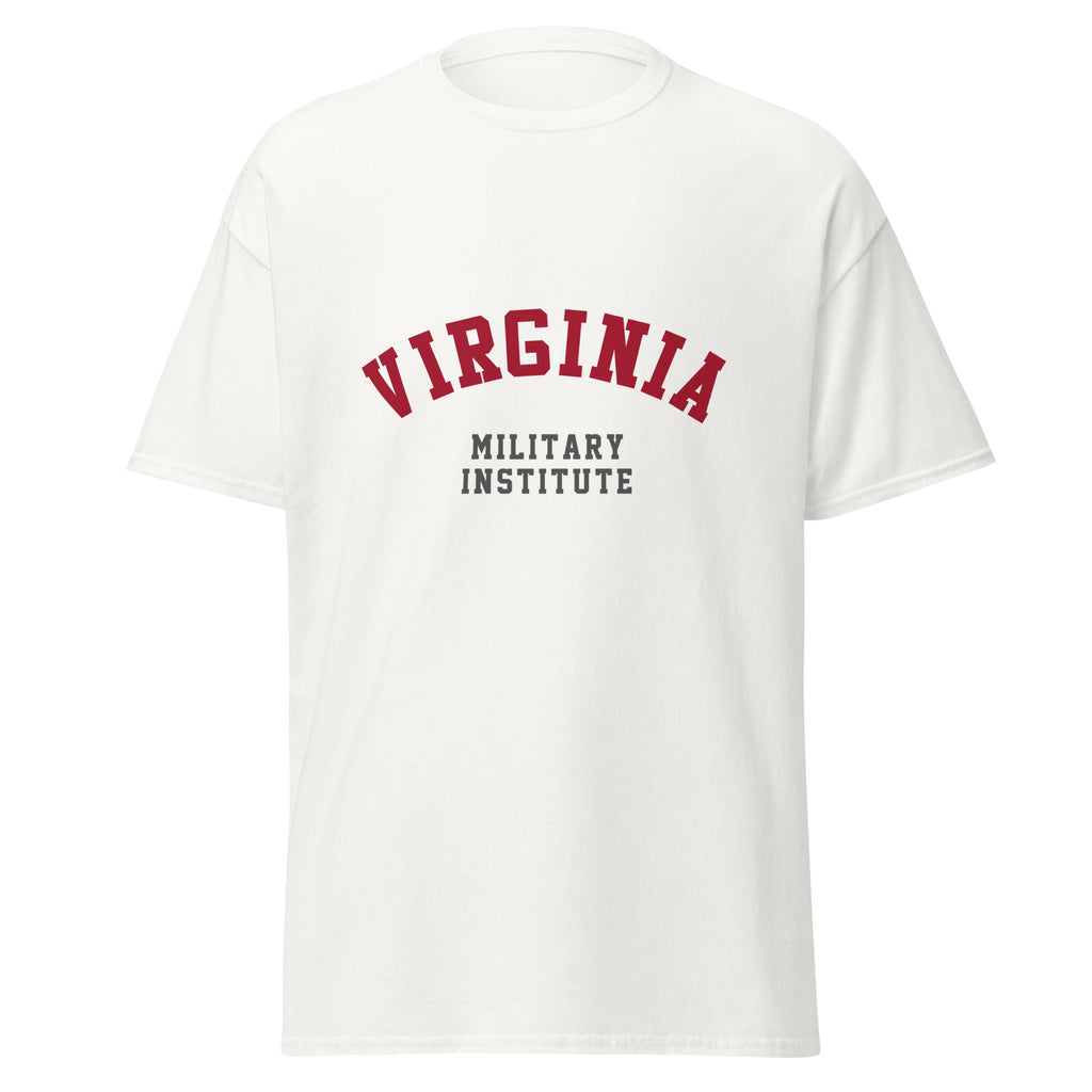 Unisex black t-shirt featuring Virginia Military Institute logo printed across the front chest