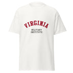Unisex black t-shirt featuring Virginia Military Institute logo printed across the front chest