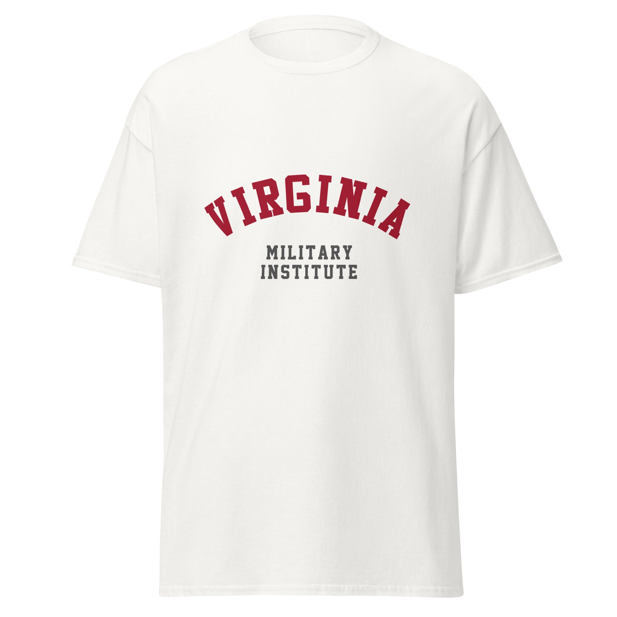 Unisex black t-shirt featuring Virginia Military Institute logo printed across the front chest