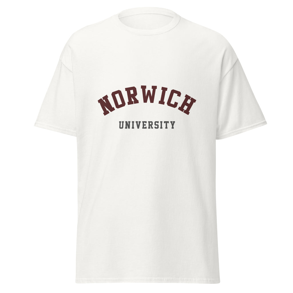 Unisex black t-shirt featuring Norwich University logo printed across the front chest