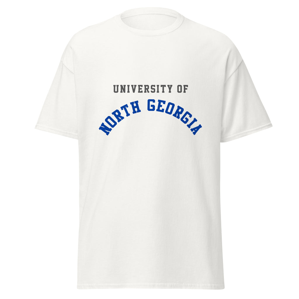 Unisex black t-shirt featuring University of North Georgia logo printed across the front chest