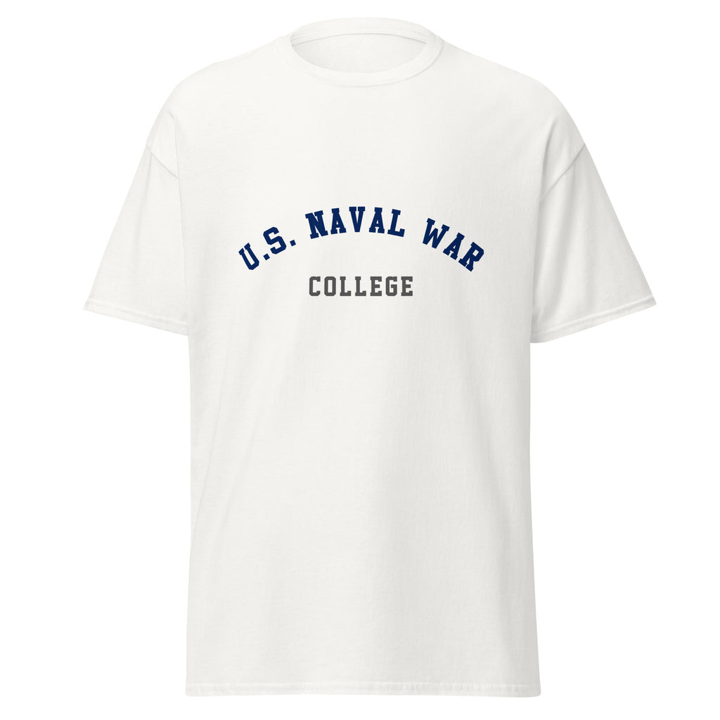 Unisex black t-shirt featuring US Naval War College logo printed across the front chest