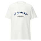 Unisex black t-shirt featuring US Naval War College logo printed across the front chest