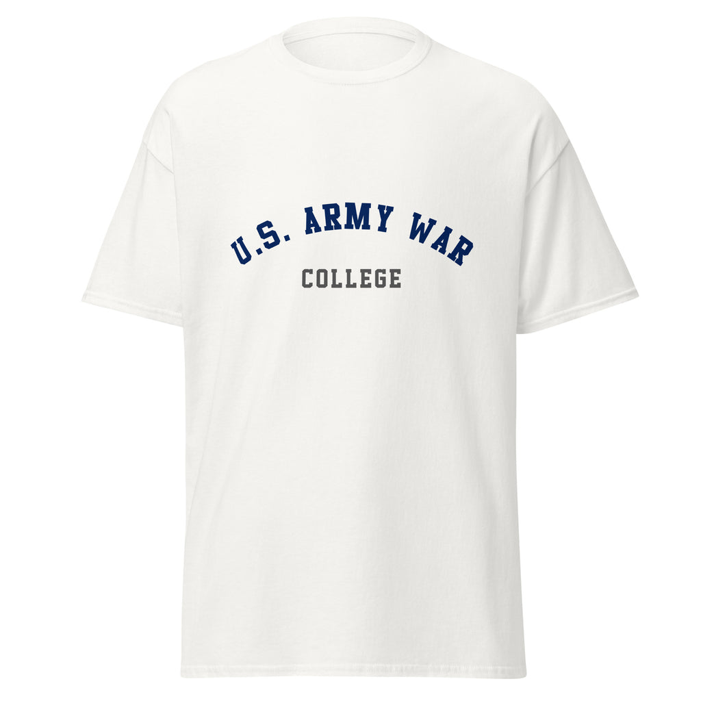 Unisex black t-shirt featuring US Army War College logo printed across the front chest