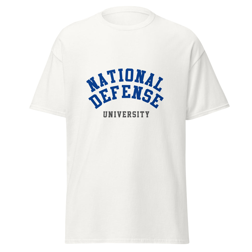 Unisex black t-shirt featuring National Defense University logo printed across the front chest