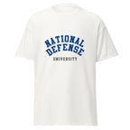 Unisex black t-shirt featuring National Defense University logo printed across the front chest
