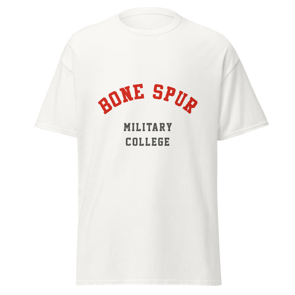 Unisex black t-shirt featuring Bone Spur Military College logo printed across the front chest