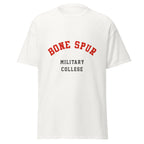 Unisex black t-shirt featuring Bone Spur Military College logo printed across the front chest
