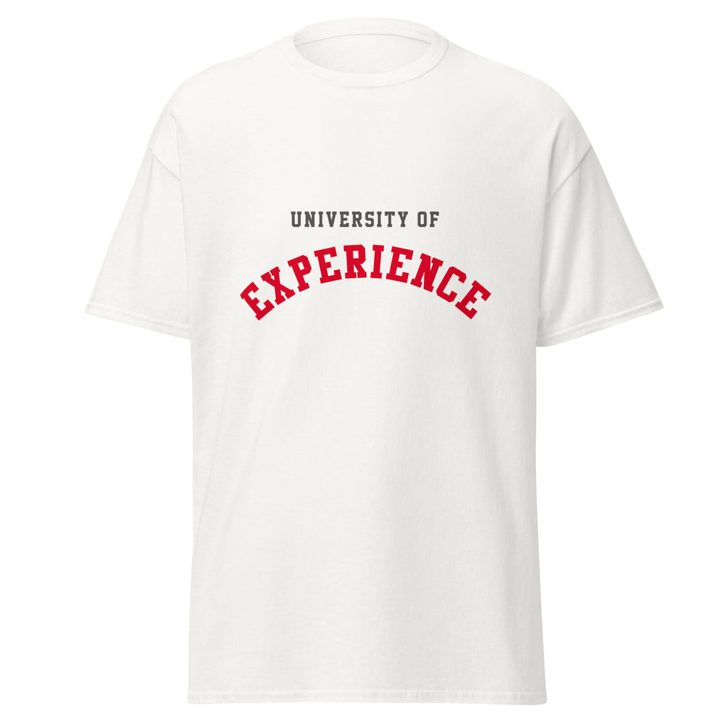 Unisex black t-shirt featuring University of Experience logo printed across the front chest
