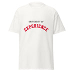 Unisex black t-shirt featuring University of Experience logo printed across the front chest
