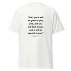 Unisex black t-shirt with Matthew 7:7 Bible verse printed across the chest