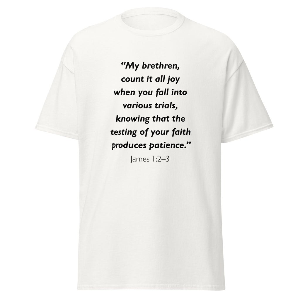 Unisex heather gray t-shirt with James 1:2-3 Bible verse printed across the chest