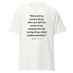 Unisex heather gray t-shirt with James 1:2-3 Bible verse printed across the chest