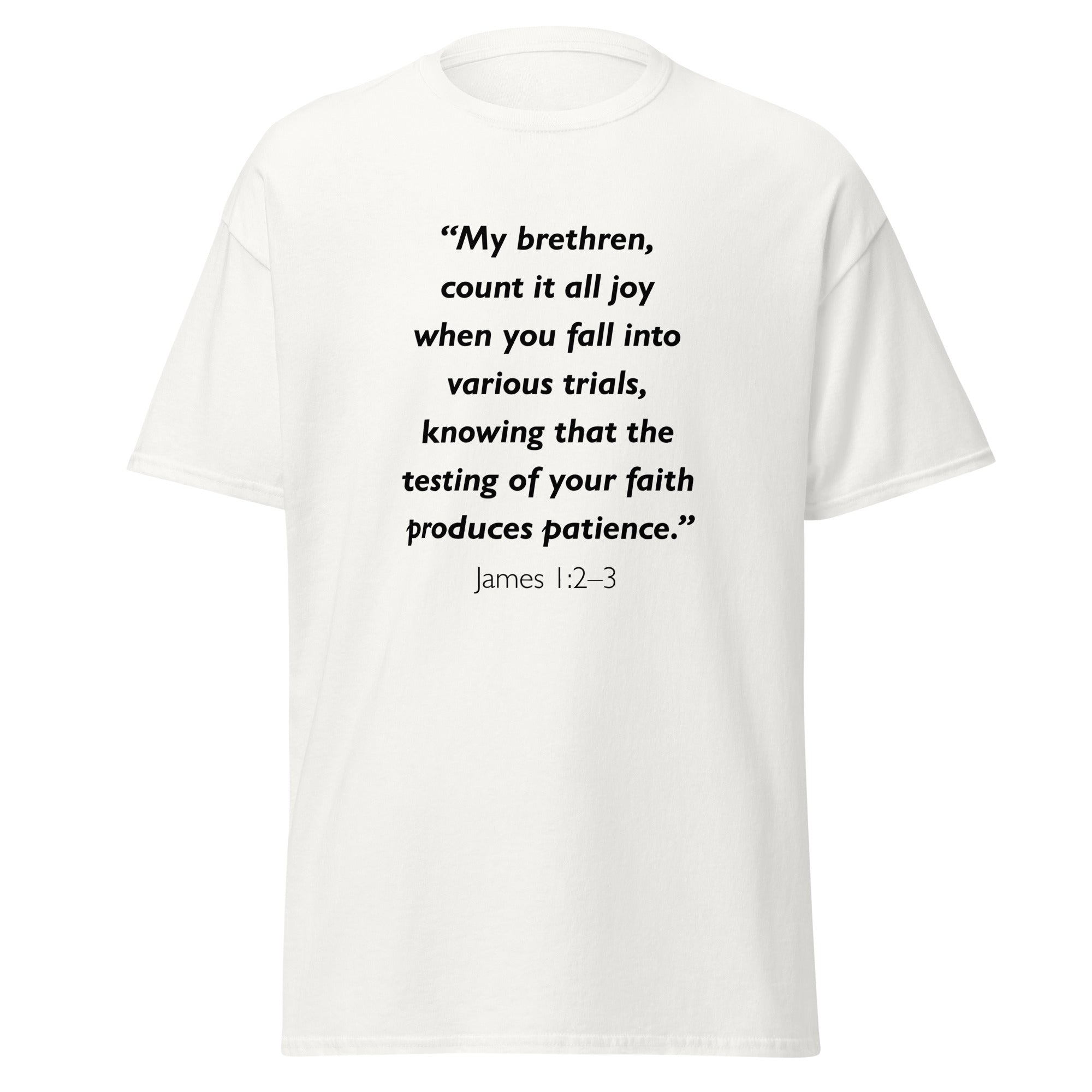 Unisex heather gray t-shirt with James 1:2-3 Bible verse printed across the chest