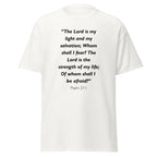 Unisex heather gray t-shirt with Psalm 27:1 Bible verse printed across the chest