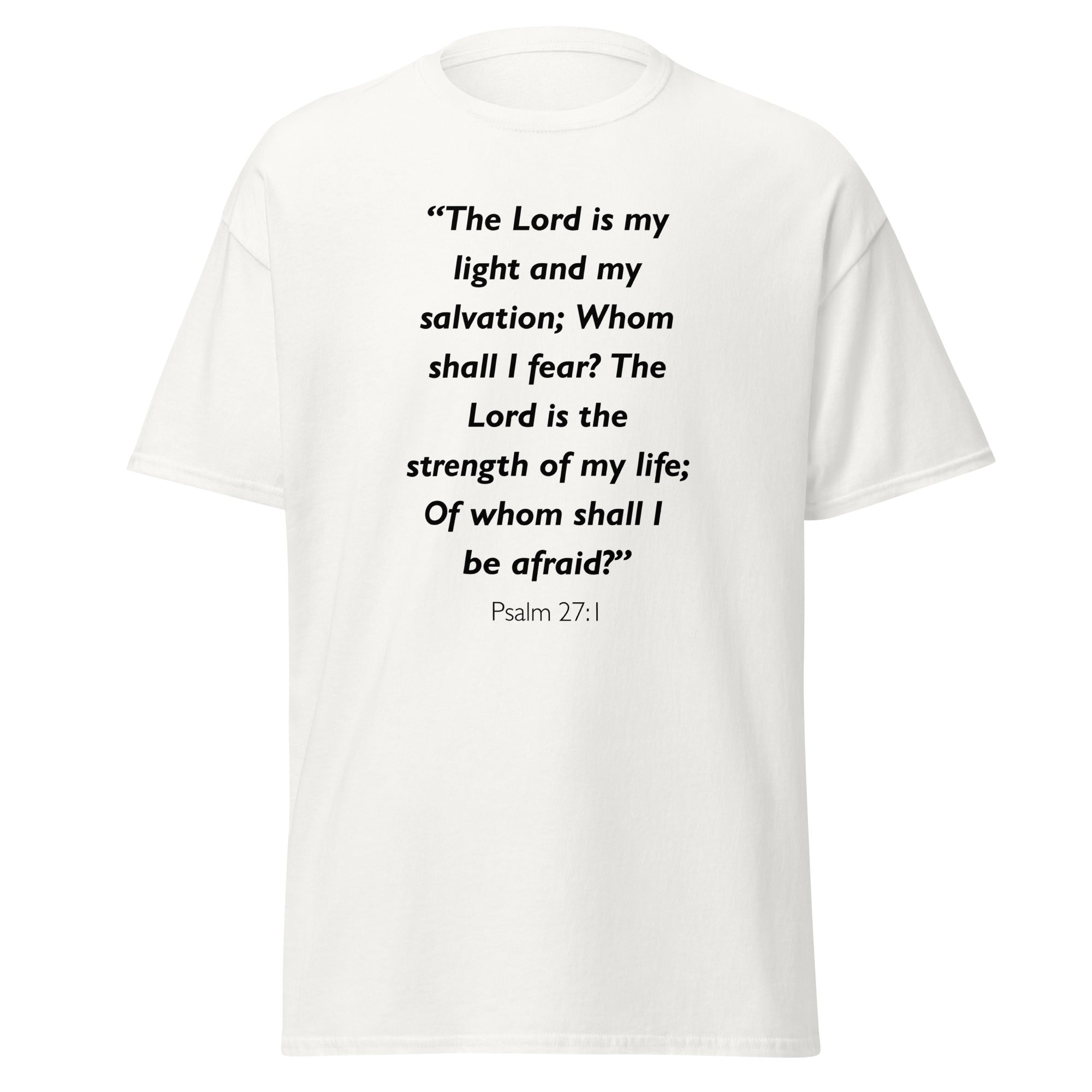 Unisex heather gray t-shirt with Psalm 27:1 Bible verse printed across the chest