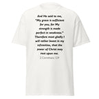 Unisex black t-shirt with 2 Corinthians 12:9 Bible verse printed across the chest