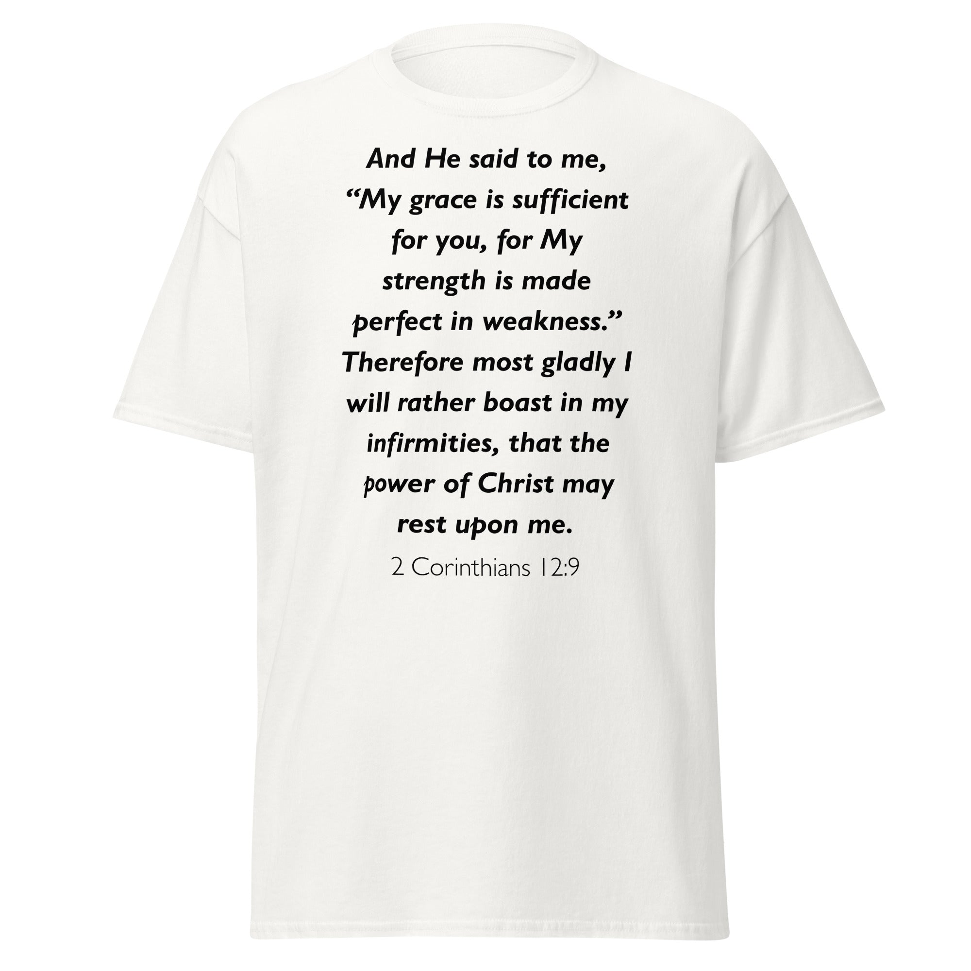 Unisex black t-shirt with 2 Corinthians 12:9 Bible verse printed across the chest