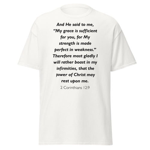 Unisex black t-shirt with 2 Corinthians 12:9 Bible verse printed across the chest
