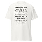 Unisex black t-shirt with Psalm 91:1-2 Bible verse printed across the chest