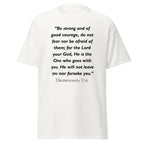 Unisex heather gray t-shirt with Deuteronomy 31:6 Bible verse printed across the chest