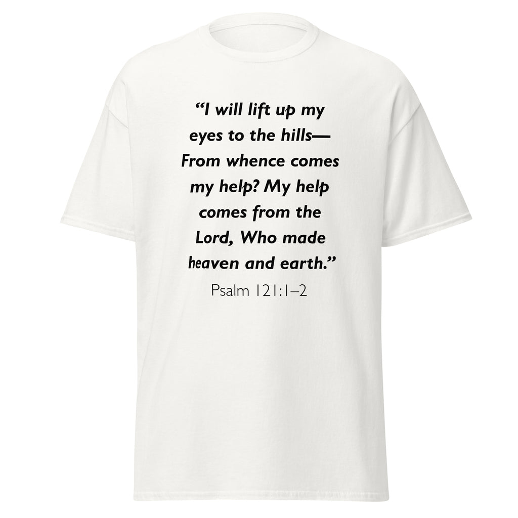 Unisex heather gray t-shirt with Psalm 121:1-2 Bible verse printed across the chest