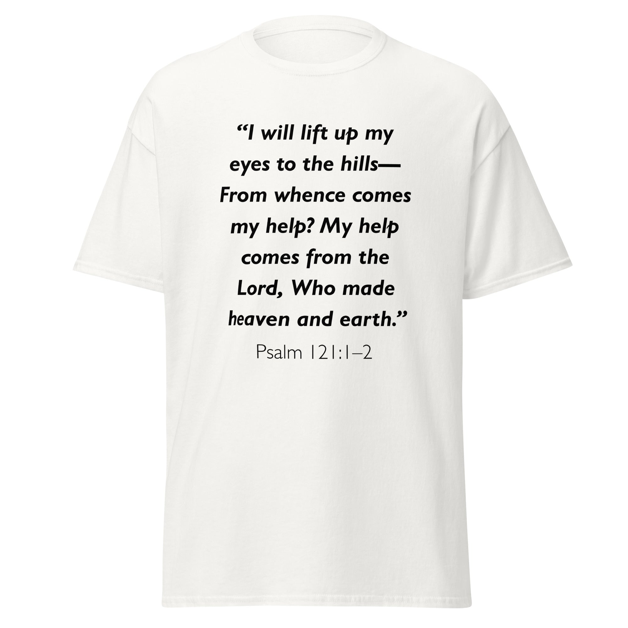 Unisex heather gray t-shirt with Psalm 121:1-2 Bible verse printed across the chest