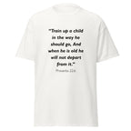 Unisex heather gray t-shirt with Proverbs 22:6 Bible verse printed across the chest