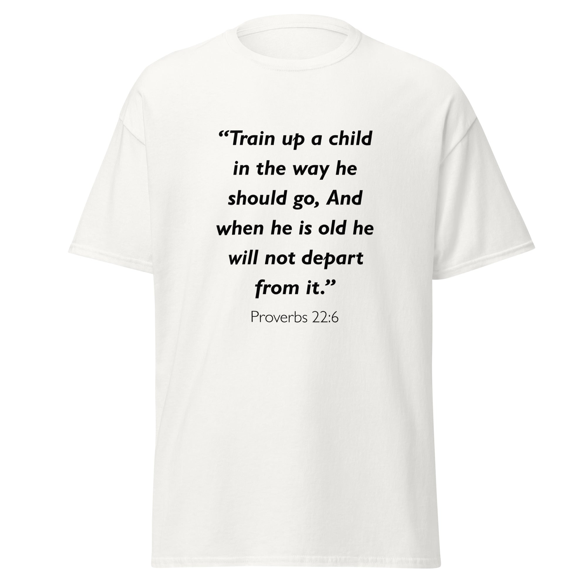 Unisex heather gray t-shirt with Proverbs 22:6 Bible verse printed across the chest
