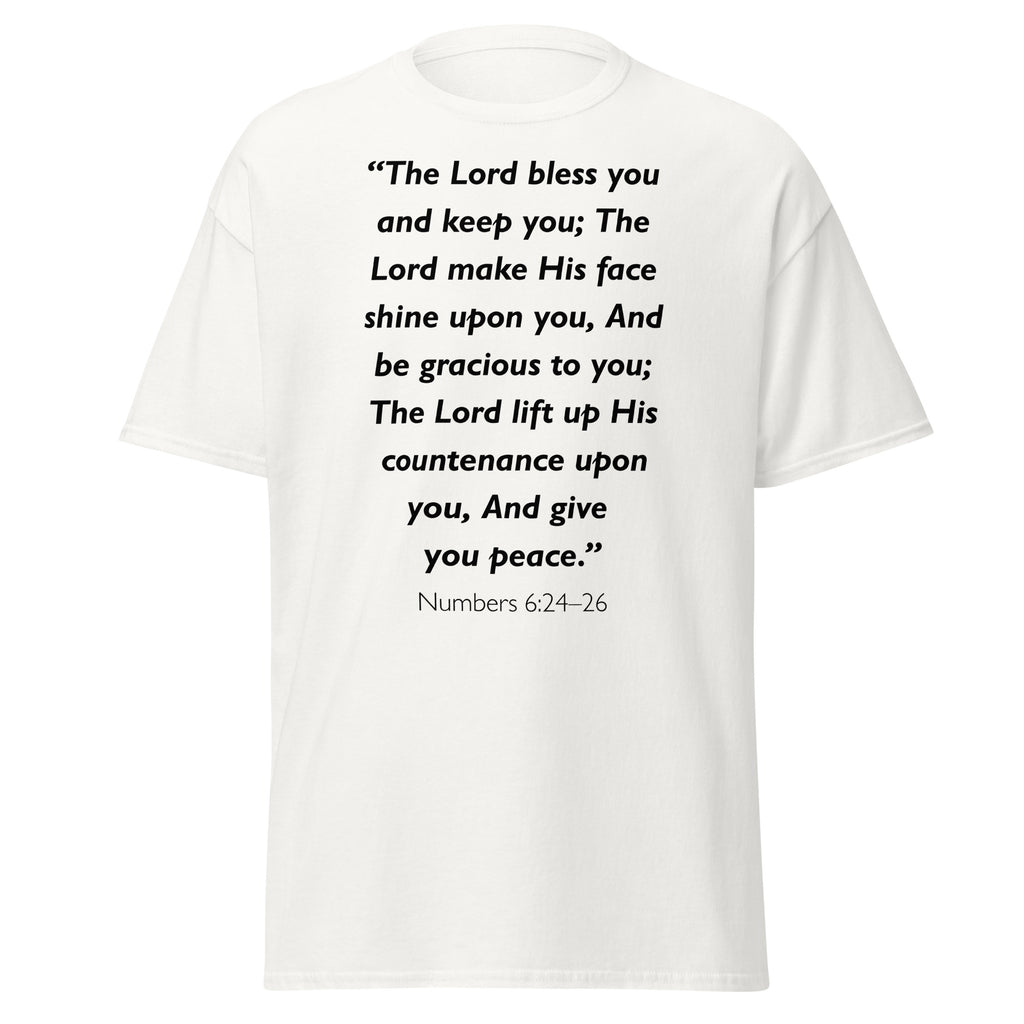 Unisex black t-shirt with Numbers 6:24-26 Bible verse printed across the chest
