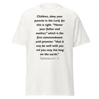 Unisex black t-shirt with Ephesians 6:1-3 Bible verse printed across the chest