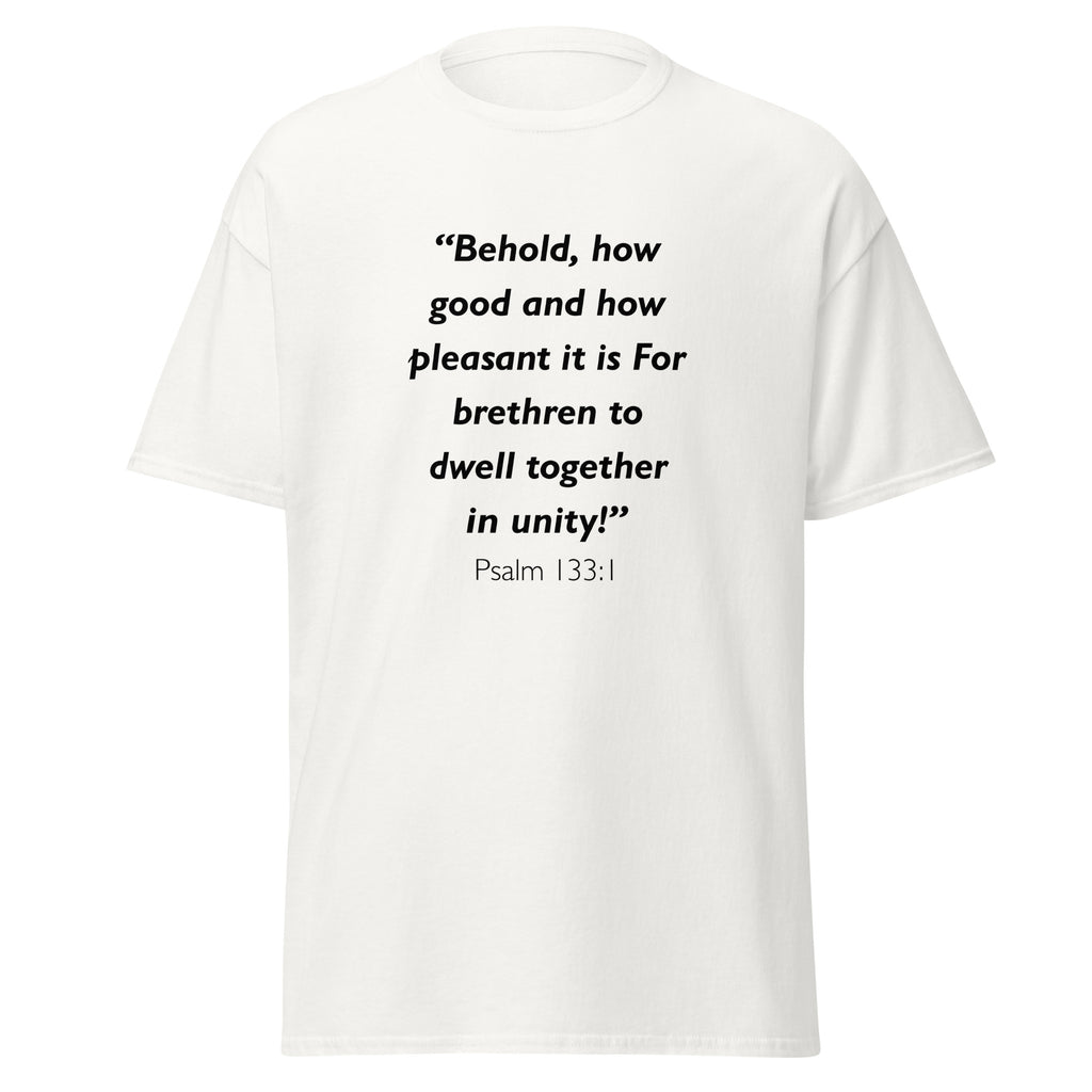 Unisex heather gray t-shirt with Psalm 133:1 Bible verse printed across the chest