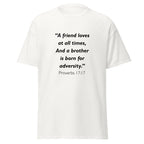 Unisex heather gray t-shirt with Proverbs 17:17 Bible verse printed across the chest