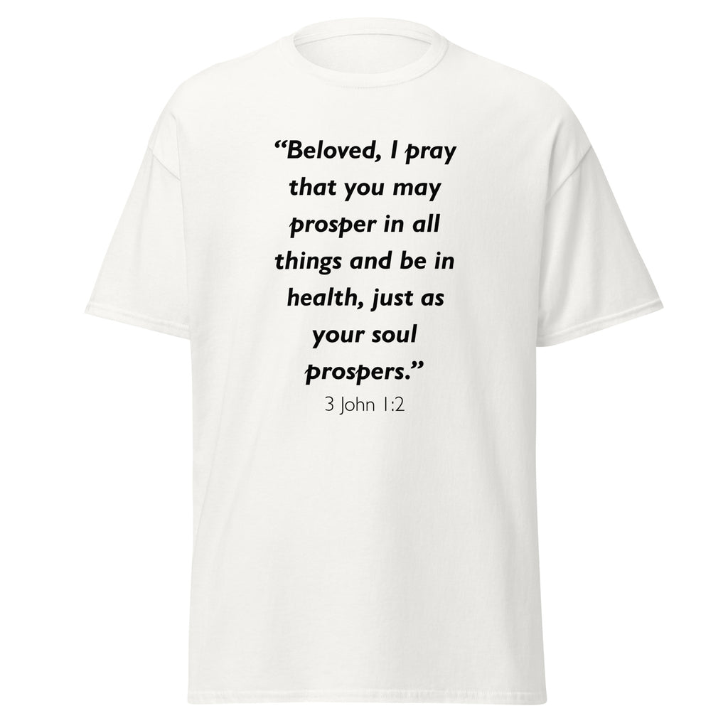 Unisex black t-shirt with 3 John 1:2 Bible verse printed across the chest