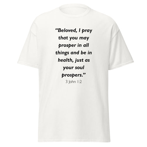 Unisex black t-shirt with 3 John 1:2 Bible verse printed across the chest
