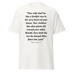 Unisex black t-shirt with Psalm 128:3-4 Bible verse printed across the chest