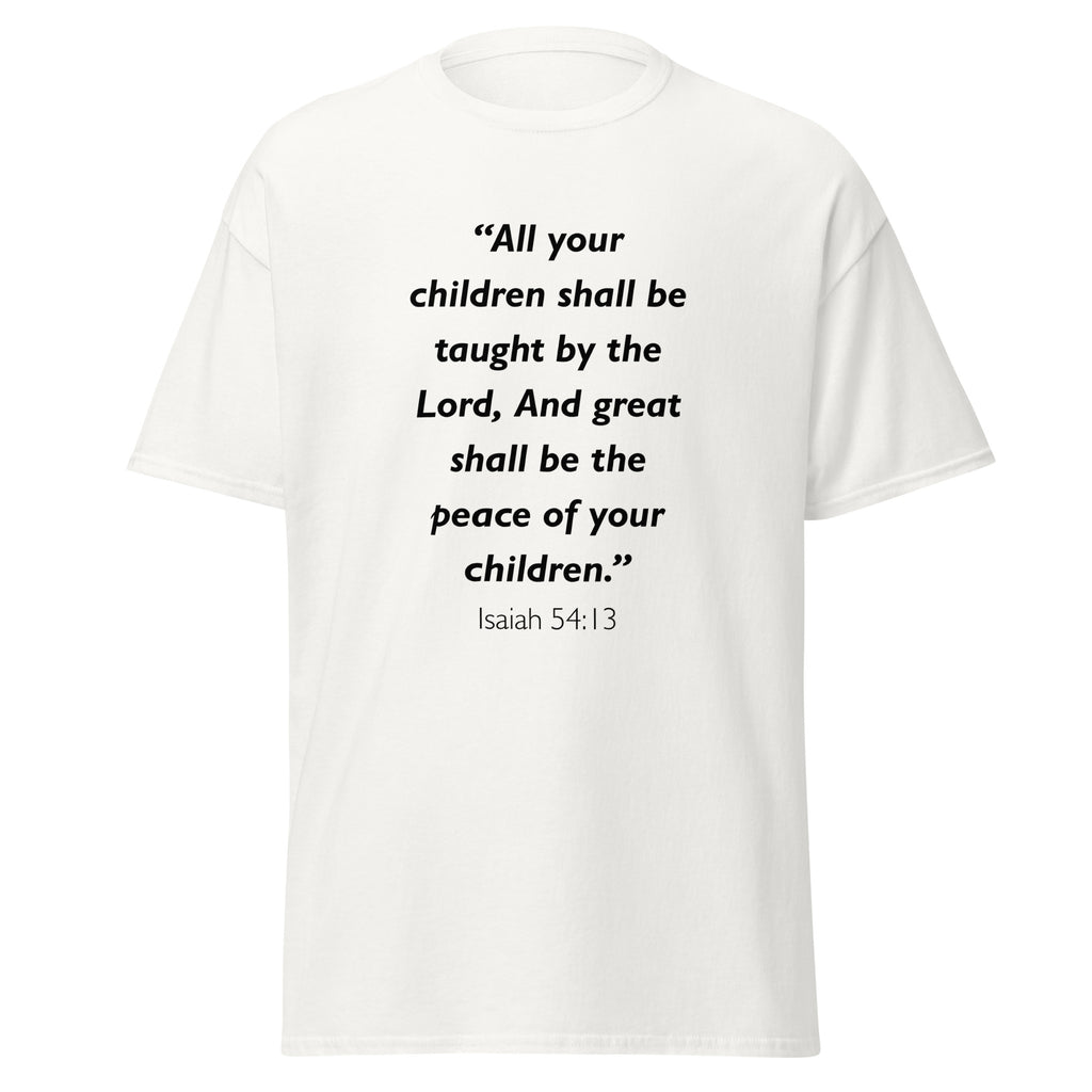 Unisex heather gray t-shirt with Isaiah 54:13 Bible verse printed across the chest