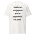 Unisex black t-shirt with Psalm 139:13-14 Bible verse printed across the chest