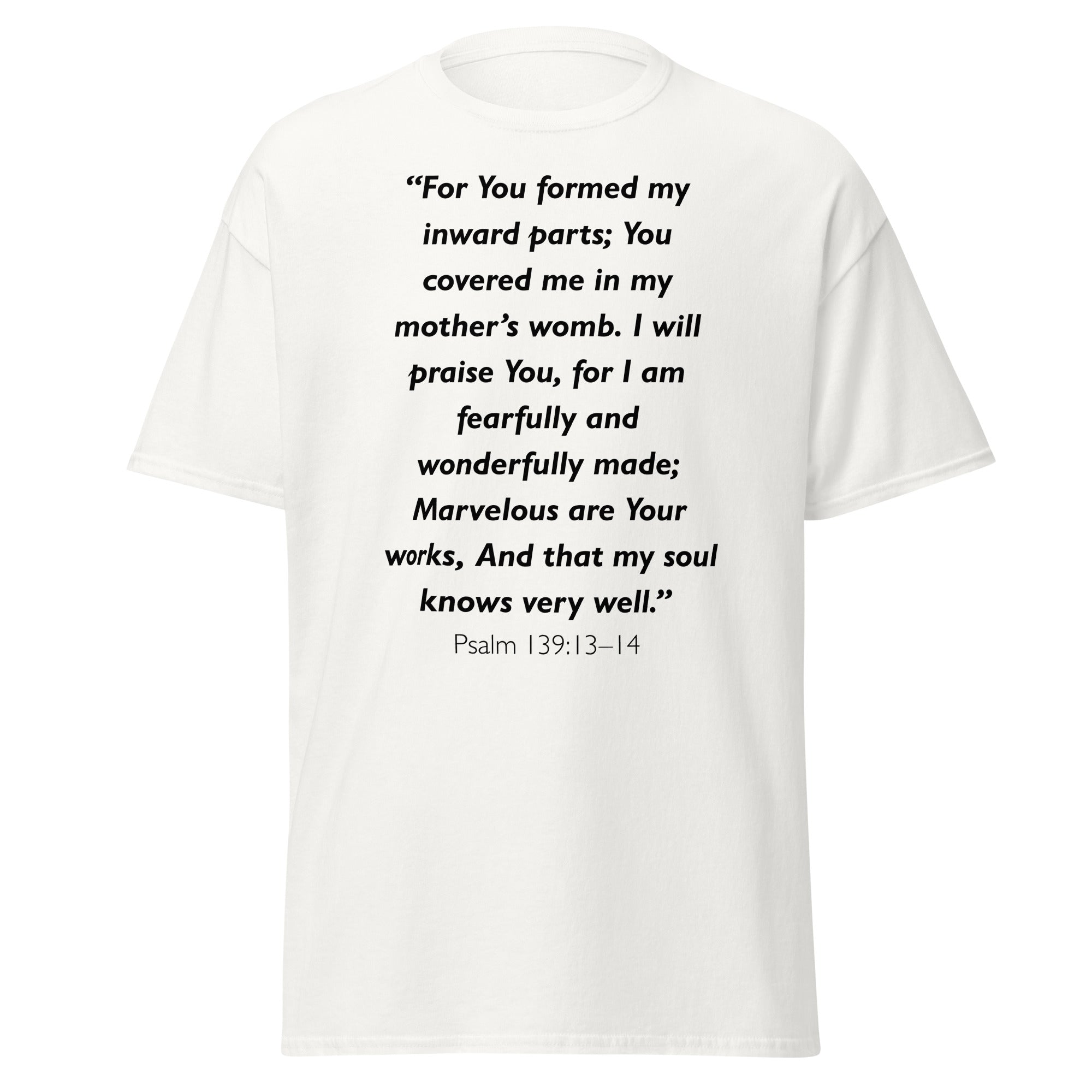 Unisex black t-shirt with Psalm 139:13-14 Bible verse printed across the chest