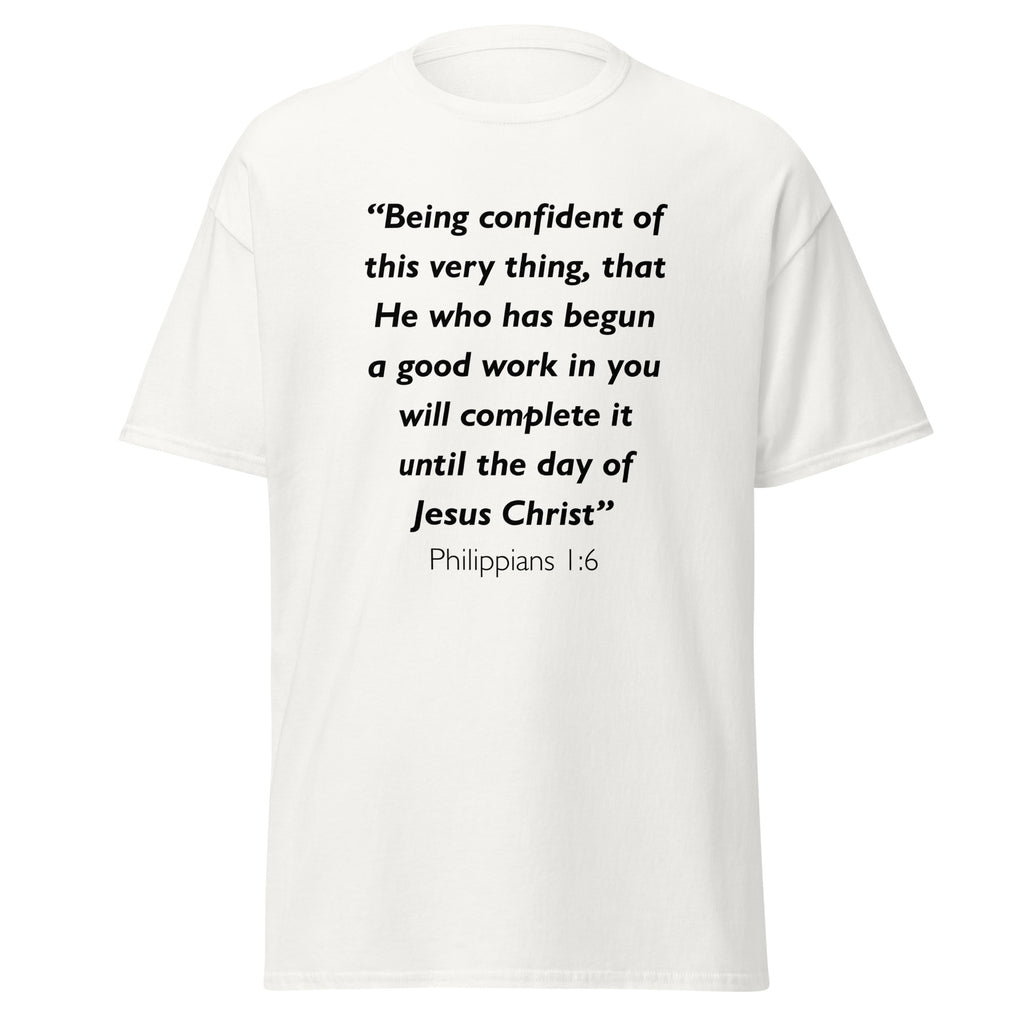 Unisex black t-shirt with Philippians 1:6 Bible verse printed across the chest