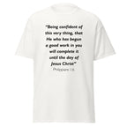 Unisex black t-shirt with Philippians 1:6 Bible verse printed across the chest