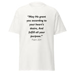 Unisex heather gray t-shirt with Psalm 20:4 Bible verse printed across the chest